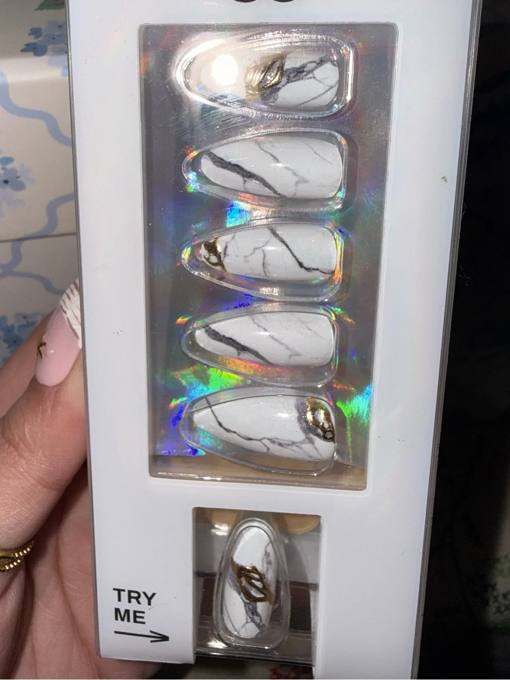Never Have I Ever White Marble Press-On Nails with Gold Accent